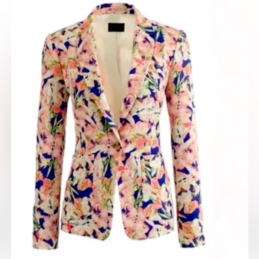J Crew 100% Silk Floral Blazer Size 2 Blue Cream Office Workwear Busines…